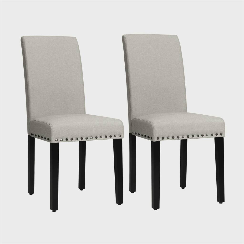 Set of 2 Fabric Dining Chairs Upholstered with Nailhead Trim Beige