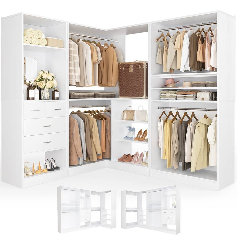 Cimly Set of 3 Corner Closet System with Hanging Rods, Space-saving Closet Organizer with Mirror - 97'' - White