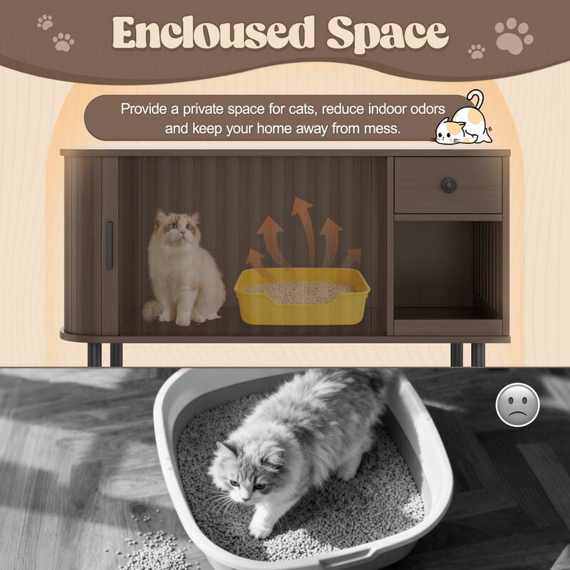 37.4" Cat Litter Box Enclosure with Sliding Door, Hidden Litter Box Enclosure Furniture with Storage Drawer and Charging Statio