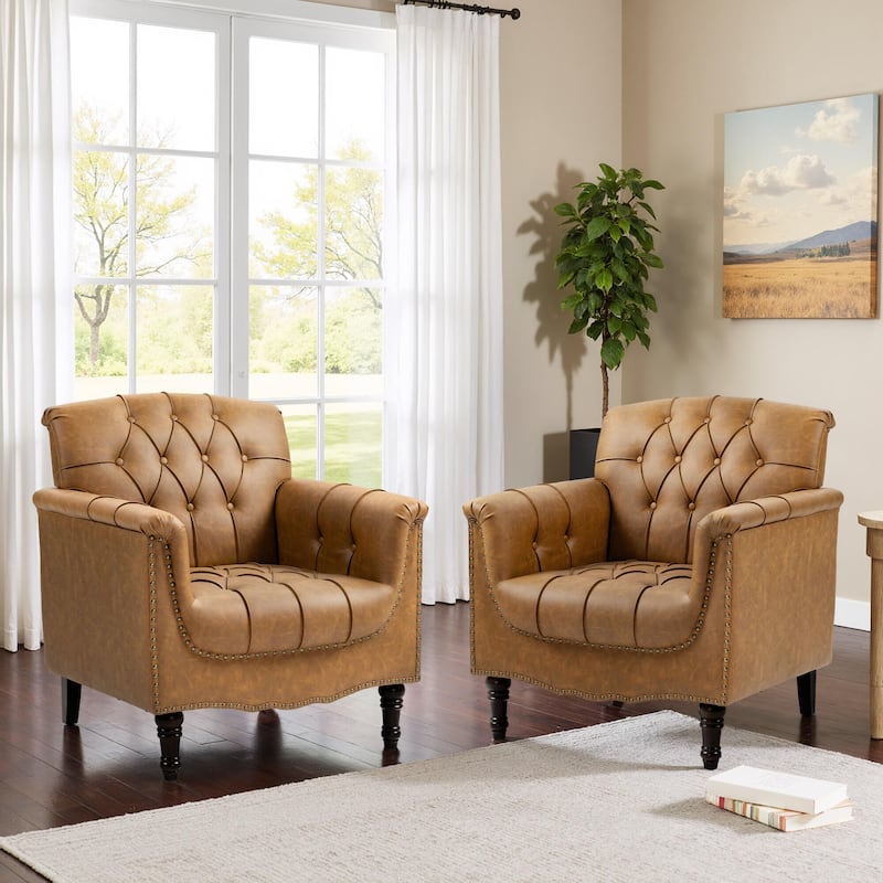 31" W Tufted Vegan Leather Accent Chairs for Living Room Set of 2 - Camel