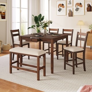 Solid Wood 6-Piece Counter Height Dining Table Set with Storage Drawer ...