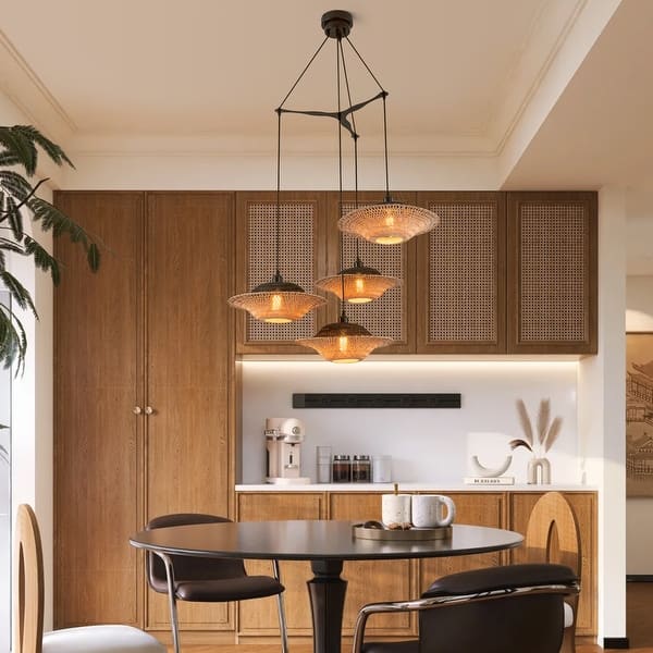 slide 2 of 10, Cascade 4-Light Cluster Pendant Light Natural Rattan Shade Coastal Chic Chandelier in Matte Black - 35 Wide 35 Wide - Multi