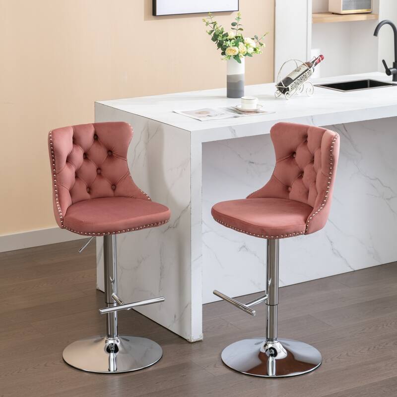 Swivel Velvet Barstools Set of 2 Adjustable Height Bar Stool with Chrome Base Modern Tufted Back Bar Stool
