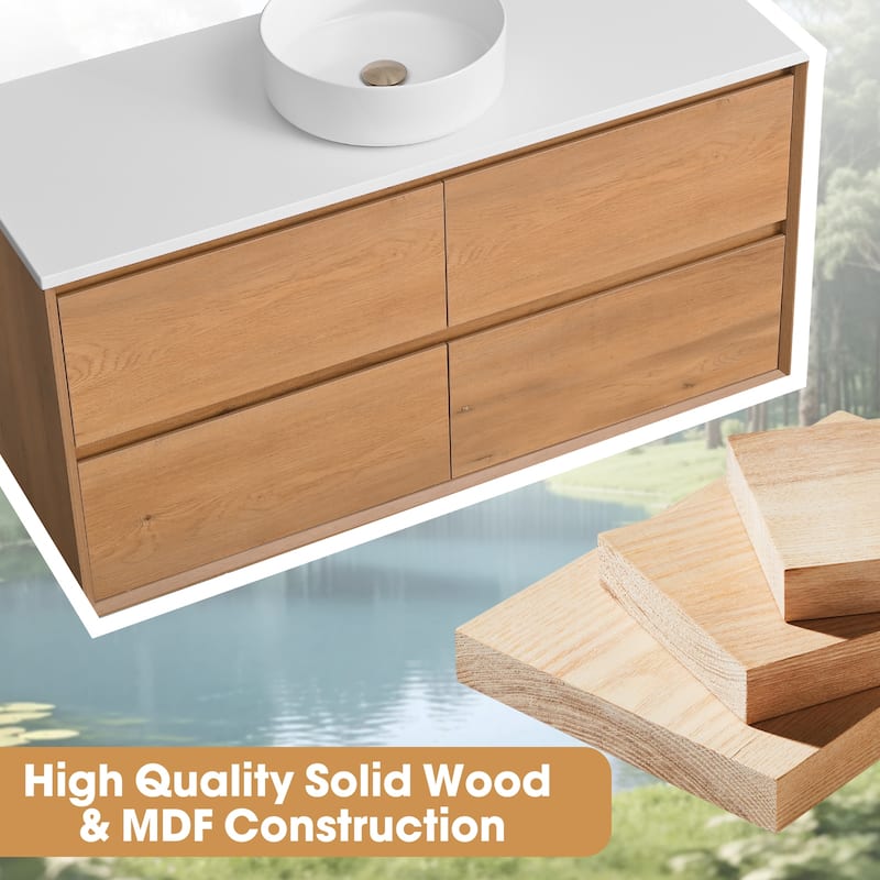 48" Floating Bathroom Vanity Quartz Counter Top with Ceramic Vessel Sink