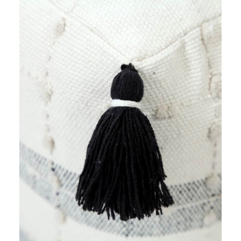 Black-White Striped Cotton Pouf Ottoman 18" Square Upholstered Footstool with Removable Cover