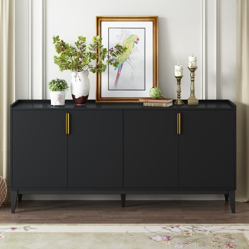 4-Door Wooden Storage Sideboard with Adjustable Shelves for Living Room, Hallway, Entryway - MDF and Solid Wood Construction - Black