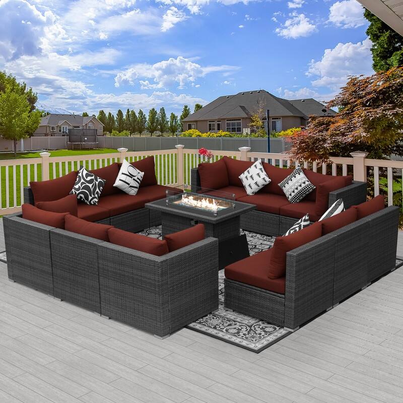 FINCATI Outdoor Grey Wicker Sectional Furniture Patio Sofa Set with Firepit Table - 13 Piece - Red