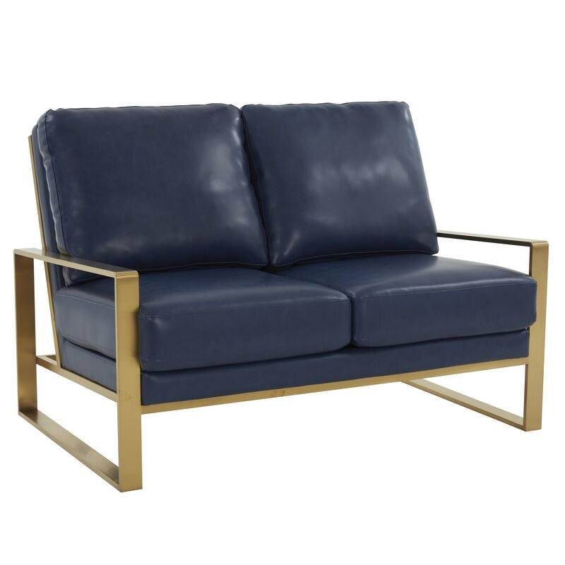 Jefferson Modern Leather/Velvet Loveseat Sofa with Silver/Gold Frame, Removable Cushions Couch for Home and Office - Leather-Navy Blue - Gold