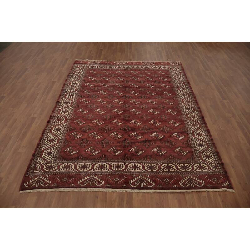 Hand Knotted Oriental 100% Wool Carpet Traditional Geometric Red Bokhara Area Rug - 9' 7'' X 7' 1''