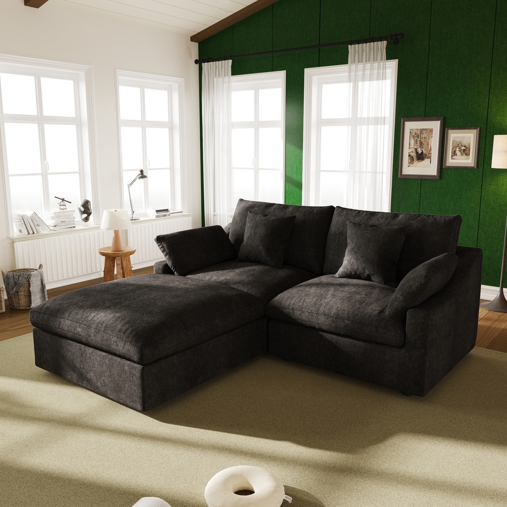 82.68'' Down Filled Sectional Couch L-shape Linen Upholstered Loveseat with Ottoman