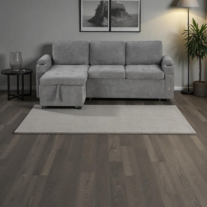 83.5" L-Shaped Convertible Sectional Sofa Bed with Storage Chaise Cup Holders USB Ports Chenille Couch for Living Room