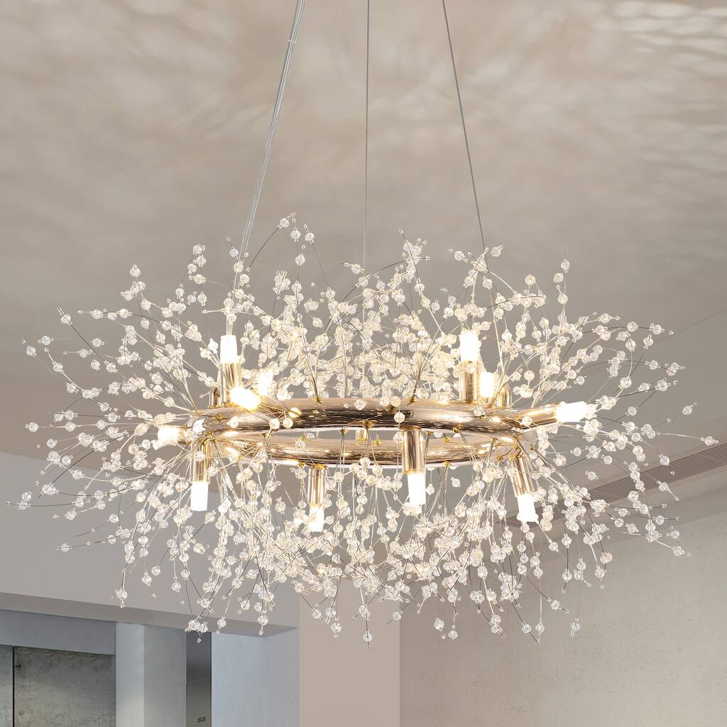 12-Light Modern Dandelion Crystal Chandelier for Dining Room and Living Room