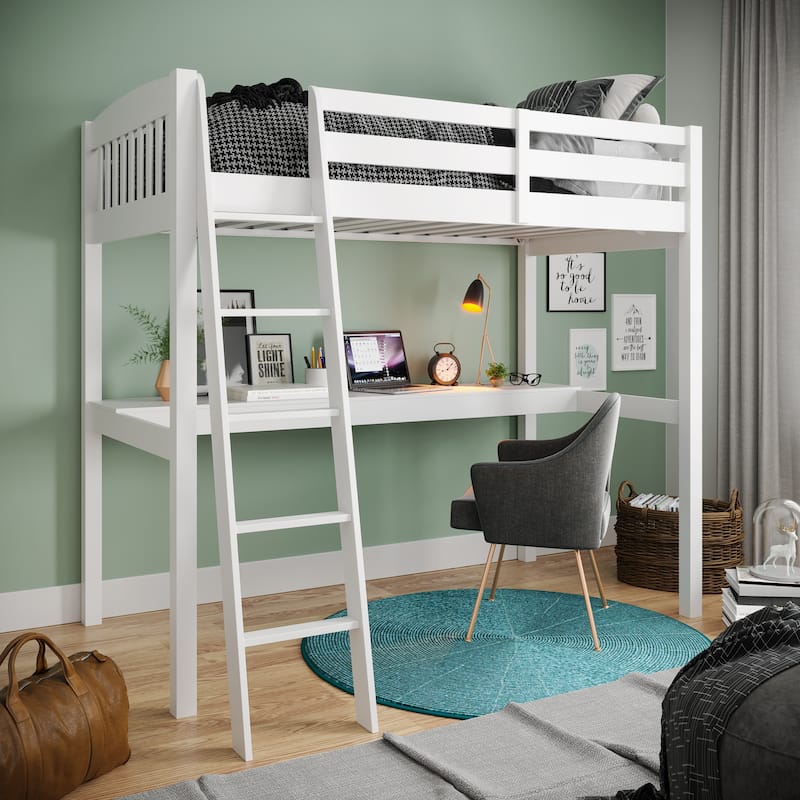 Everest High Loft Bed with Built In Desk, Heavy Duty Solid Wood Loftbed Frame with Ladder and Safety Guardrail