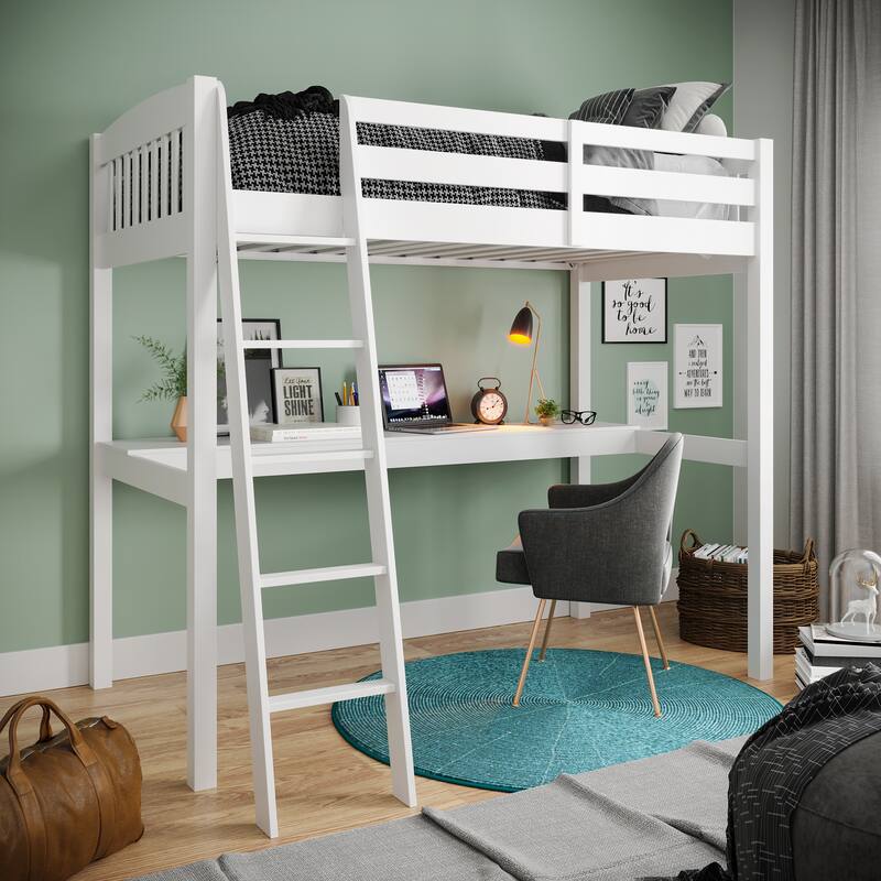 Full size Solid Wood High Loft Bed with Desk, Storage, and Stairs