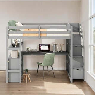 Multifunctionl Design Full Size Loft Bed with Desk and Shelves, Two Built-in Drawers, Storage Staircase, Maximized Space, Gray
