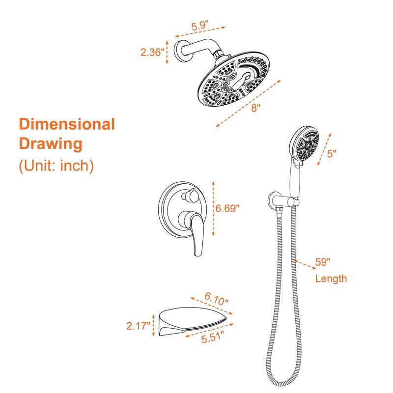 Wall Mount Tub Shower Faucet With Rough-in Valve Complete Shower System With Handheld And 8 Inch Shower Head Combo Kit Trim Set