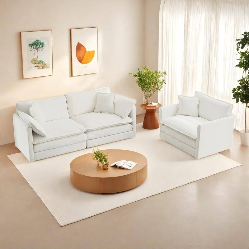 3-Piece Chenille Living Room Sofa Set (Loveseat + Accent Chair) with Solid Wood Frame & Plush Cushions - White