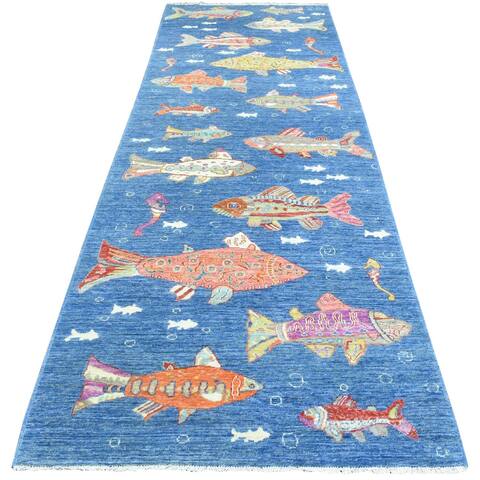 Shahbanu Rugs Denim Blue Wool Hand Knotted Afghan Peshawar Colorful Oceanic Fish Design Natural Dyes Wide Runner Rug (4'x11'9")
