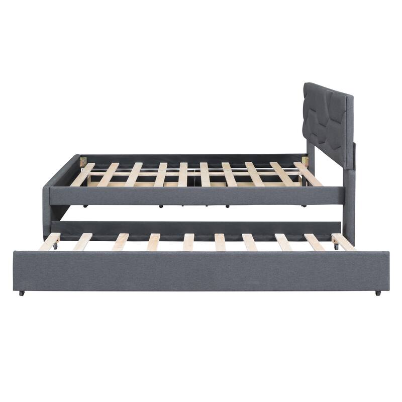 Full Upholstered Platform Bed with Brick Headboard, Twin Trundle, 2 Drawers, Gray Linen Fabric