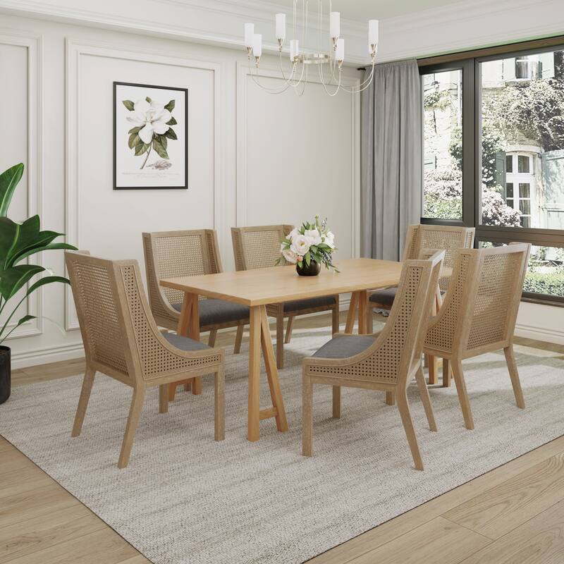 Christopher Knight Home - Sorenza 7pc Dining Set with Cane Rattan Dining Chairs and Rubberwood Table - Natural Oak+CHARCOAL+Natural Cane.