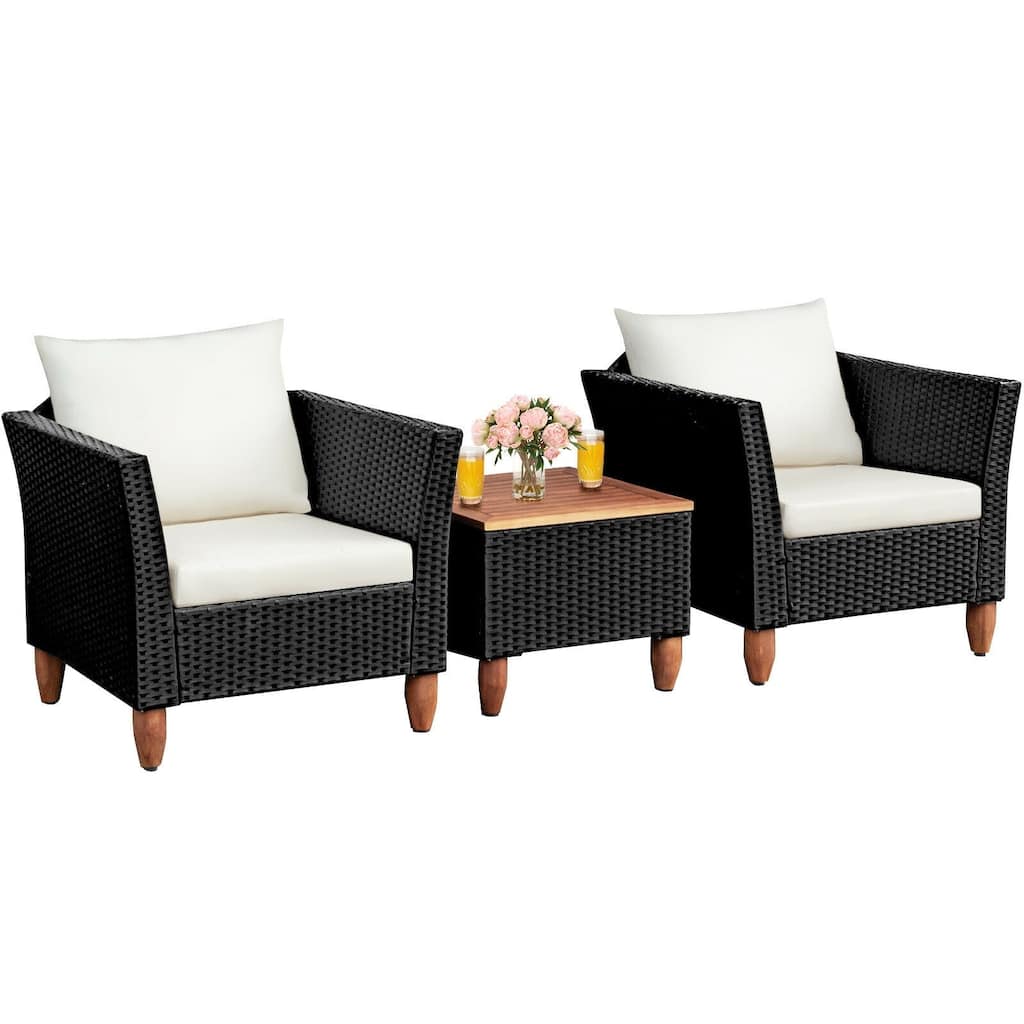 3 Pcs Outdoor Patio Rattan Furniture Set Wooden Table Top Cushioned Sofa - 29" x 27" x 28" (L x W x H)