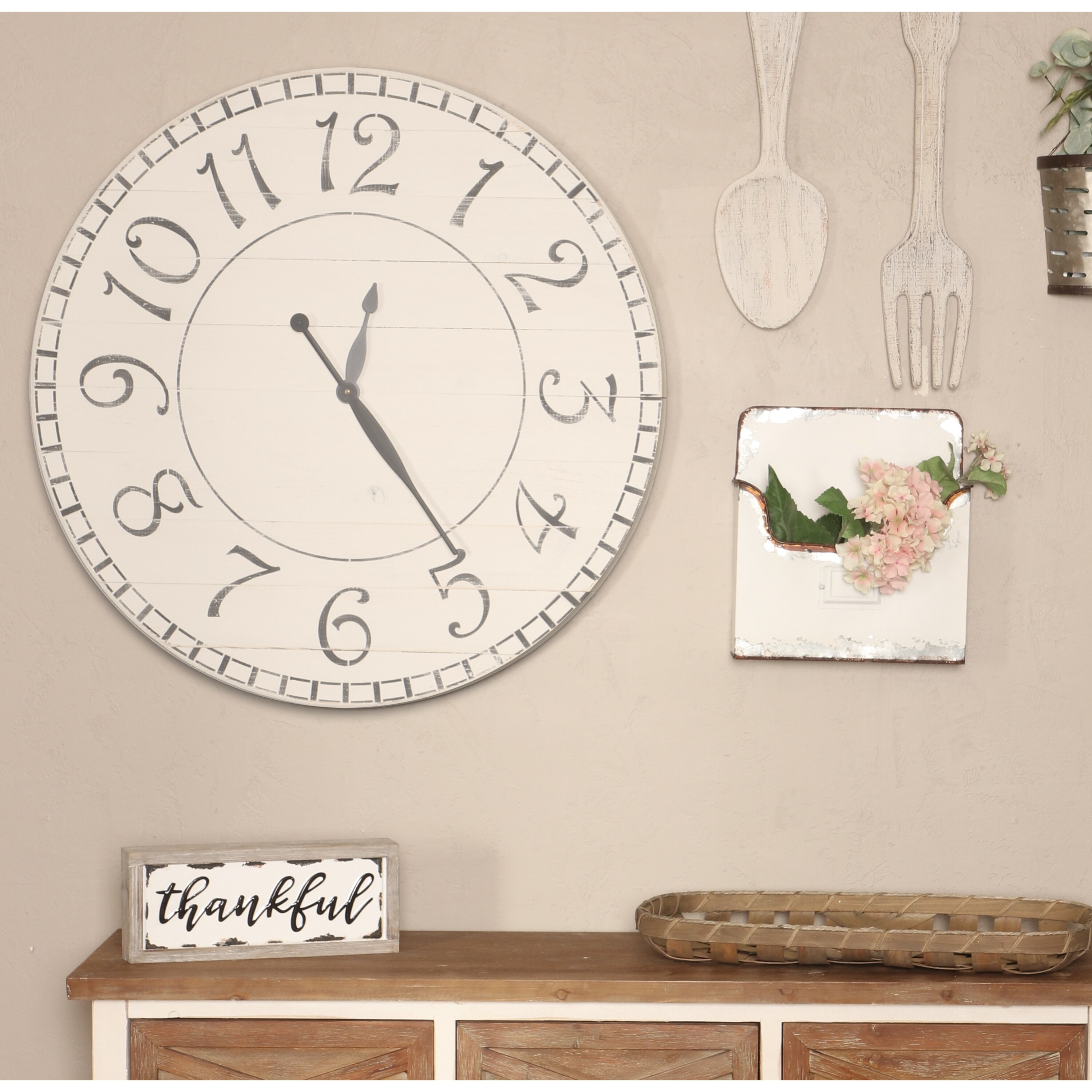 31.5" Large Oversized Square Wall Clock White Rustic Farmhouse Distressed Wood 