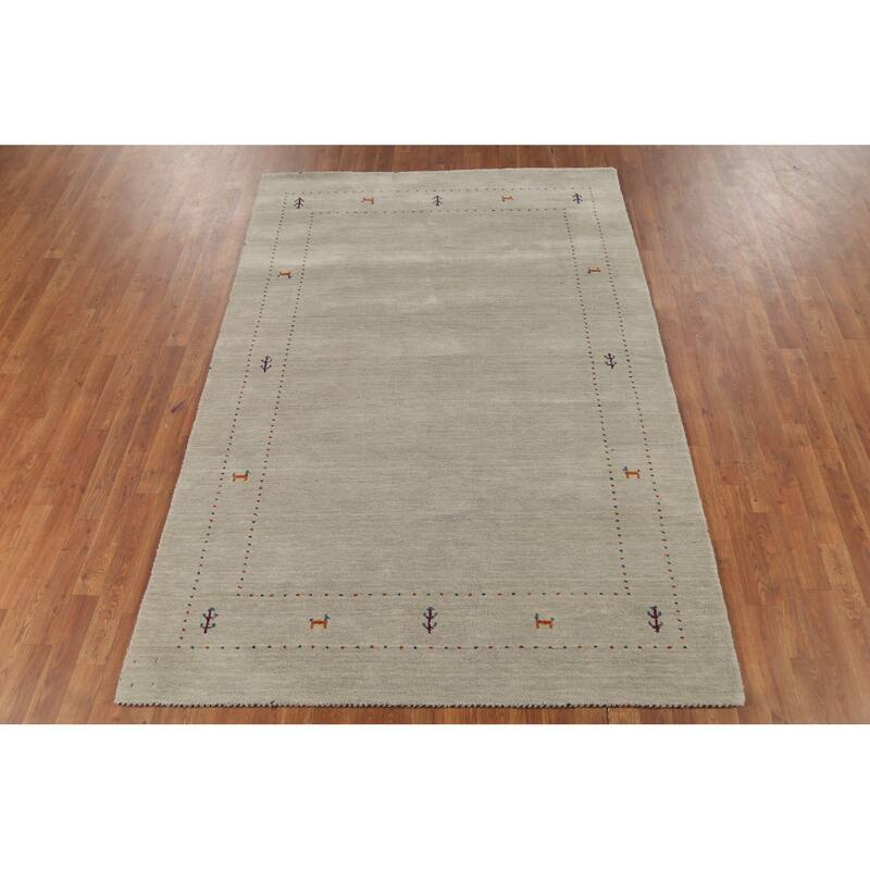 Beige Tribal Gabbeh Oriental Rug Hand-Knotted Wool Carpet - 5'4"x 7'10"