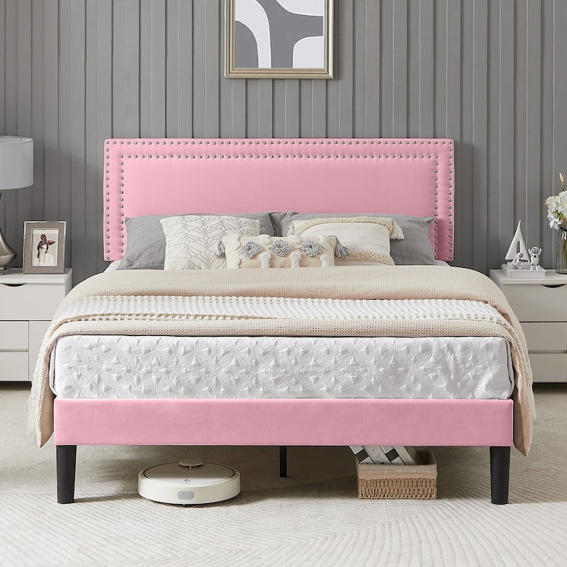 Bed Frame with Adjustable Height Headboard, Twin/Full/Queen Size Beds, Pink - Pink - Full