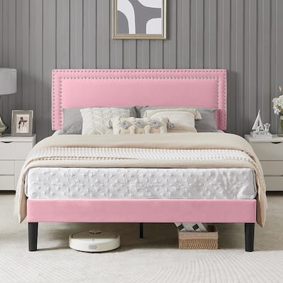 Bed Frame with Adjustable Height Headboard, Twin/Full/Queen Size Beds, Pink