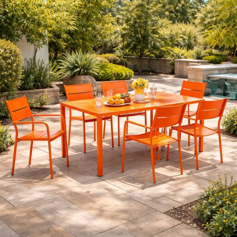 Meta 7 Piece Outdoor Dining Table, Chairs Set, Orange, Plank Seat and Back