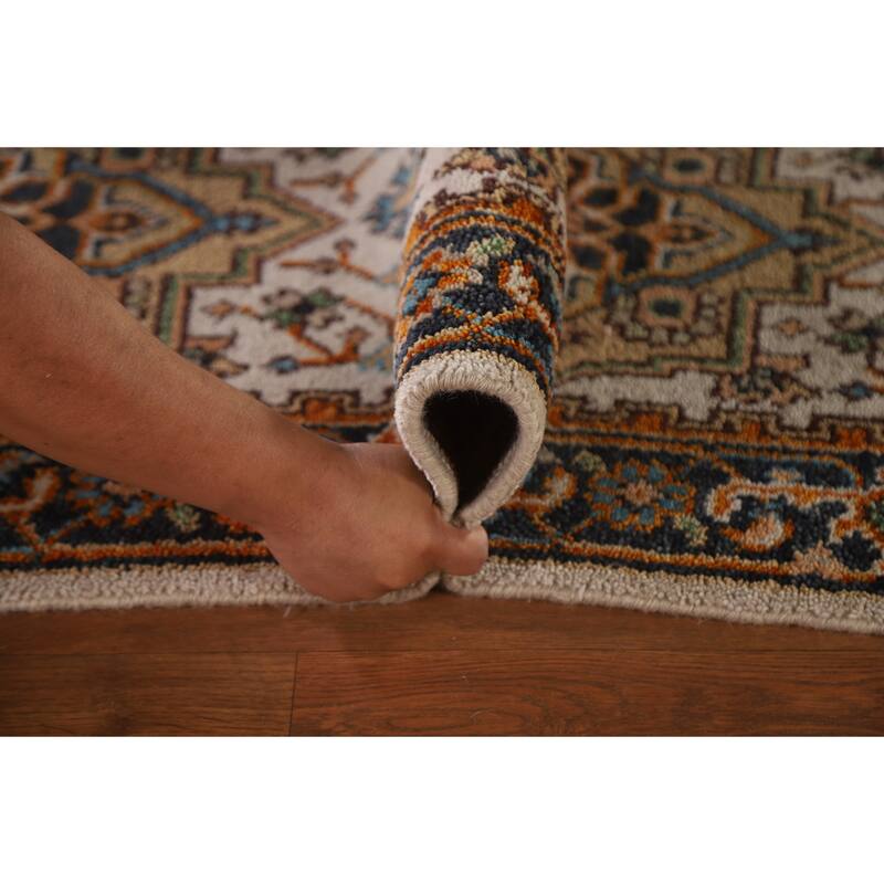 Geometric Beige Heriz Serapi Runner Rug Hand-Knotted Wool Carpet - 2'5"x 8'1"