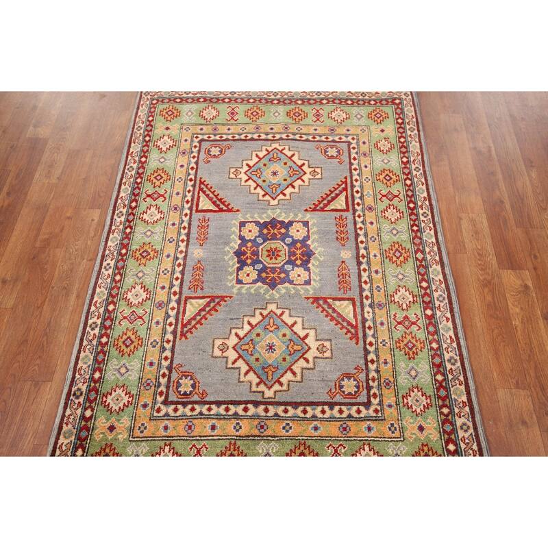 Geometric Grey Kazak Foyer Rug Hand-Knotted Wool Carpet - 3'5" x 4'10"