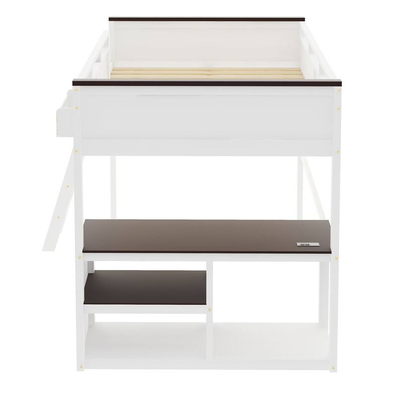 Queen Size Loft Bed with Bulit-in Desk and a Storage Box, Wooden Loft Bedframe with Open Shelf and USB Charging Station