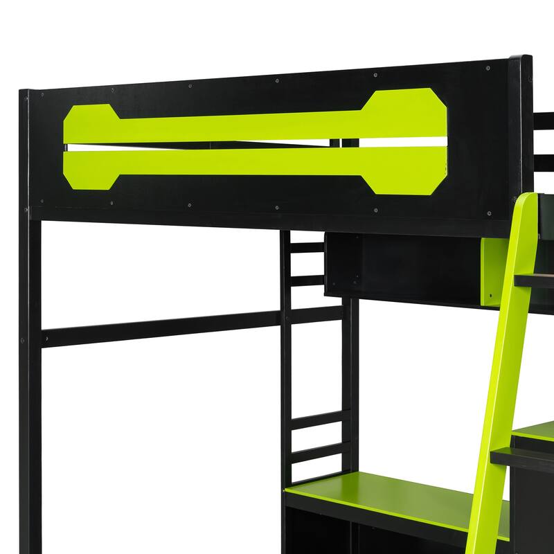 Full Size Wood Loft Bed with Storage Desk Shelves and LED Lights