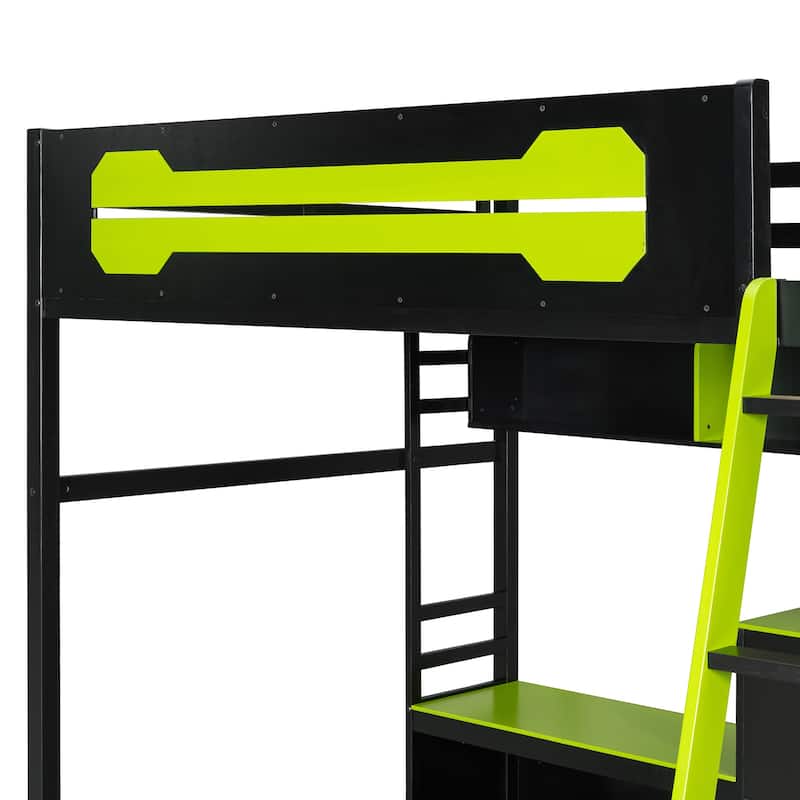 Gaming Loft Bed Full Size Wood Loft Bed with Pegboard PC Desk Computer Case Stand Charging Station LED Lights for Gamers