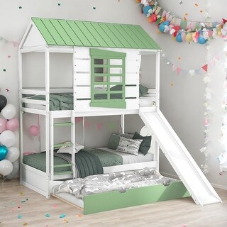 Twin over Twin Size House Bunk Bed with Convertible Slide and Trundle,House Roof Bed with Trundle,Easy to Assemble,White+Green