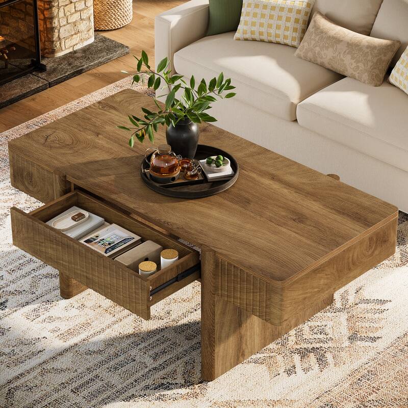 47" Wood Coffee Table with 2 Storage Drawers, Rectangular Living Room Table - Brown