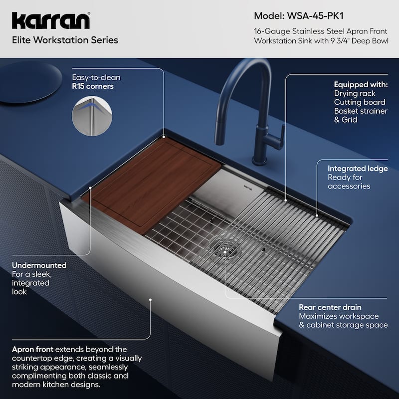 Karran 33" Undermount Large Single Bowl Stainless Steel Farmhouse Workstation Sink