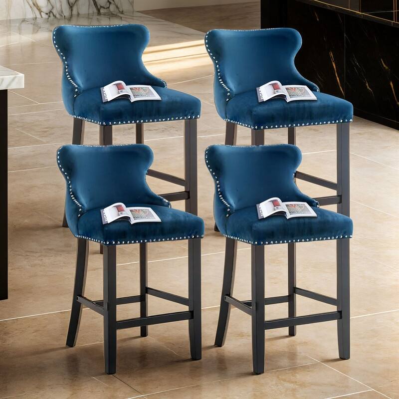Upholstered Wing Back Bar Stools (Set of 4) - Blue Velvet