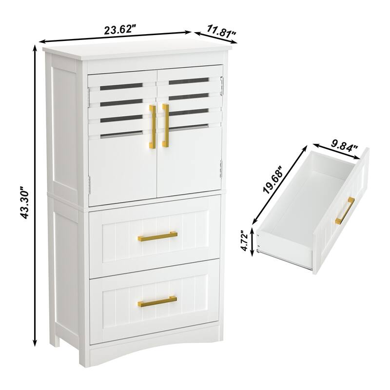 Bathroom Floor Storage Cabinet, Freestanding Bathroom Cabinet with 2 Drawers 2 Doors, Storage Cabinet with Gold handle