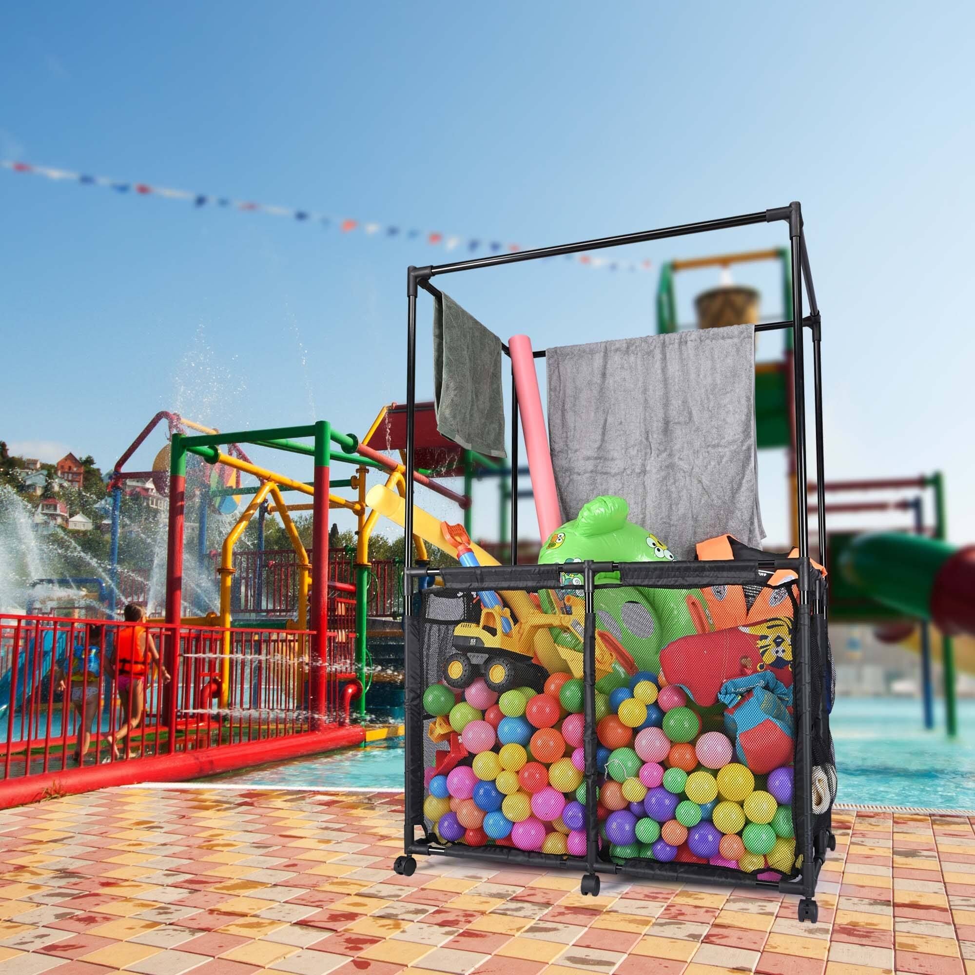 Metal Frame 6 Wheels Rolling Double Decker Mesh Pool Storage Bin