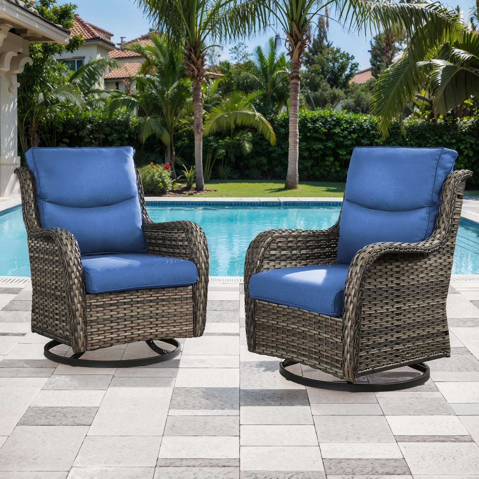 High Back Outdoor Swivel Patio Rattan Chairs- Blue cushion - Grey