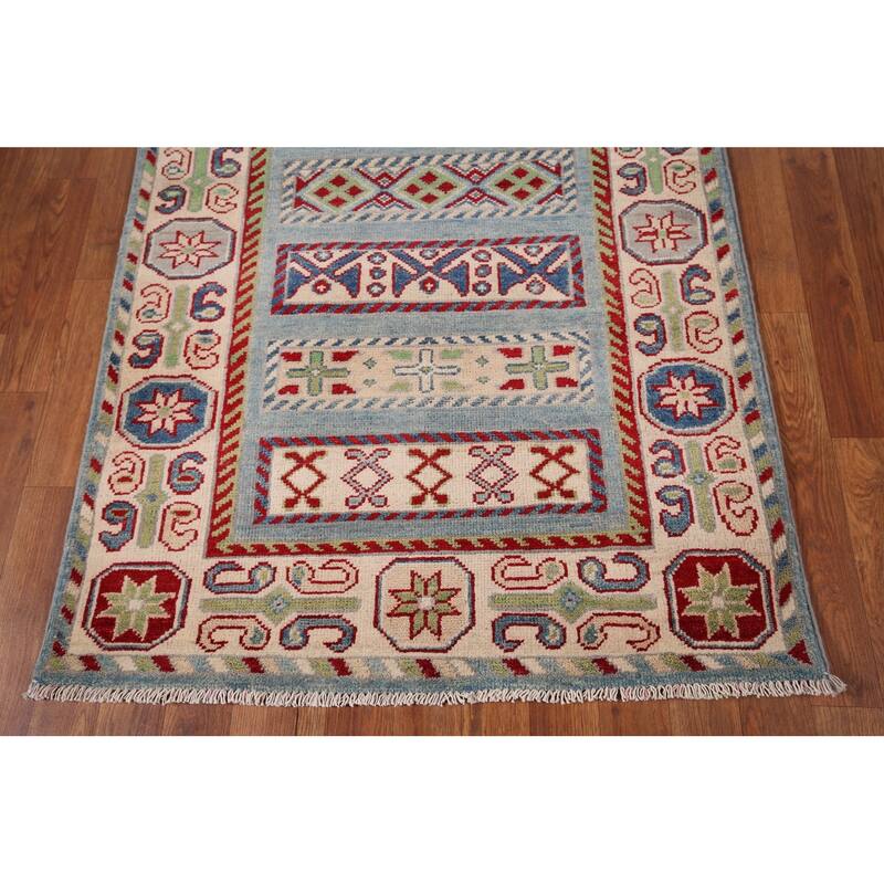 Blue Kazak Oriental Runner Rug Hand-Knotted Geometric Wool Carpet - 3'3" x 16'3"