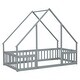preview thumbnail 4 of 25, Twin Size Wood House-Shaped Floor Bed with Fence and Guardrails, Grey