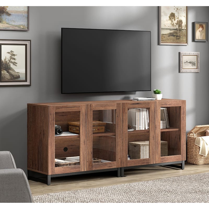 WAMPAT Modern TV Stand with Glass Doors for 110 inch TVs, Entertainment Center Console with Adjustable Shelves and Metal Base - 2PCS - Brown