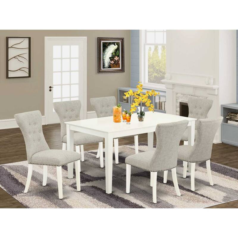 HomeStock 7-Piece Rectangle Linen White Finish Solid Wood Top Dining Table with 6-Parson Chairs with Lattice Back