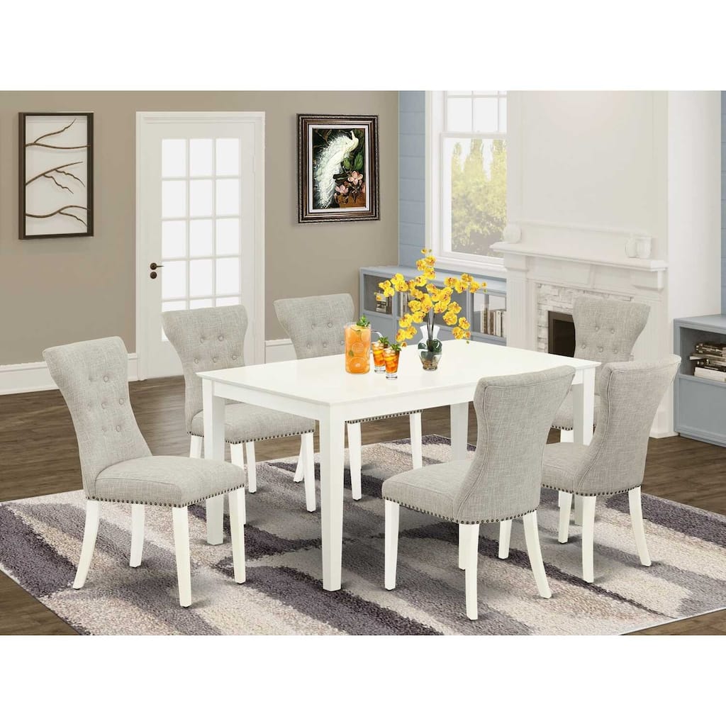 HomeStock 7-Piece Rectangle Linen White Finish Solid Wood Top Dining Table with 6-Parson Chairs with Lattice Back