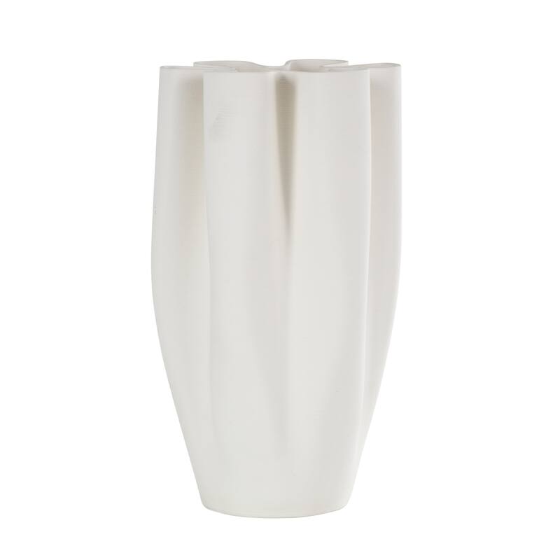 White Ceramic Ribbed Dimensional Folded Abstract Decorative Vase with Floral Shaped Rim