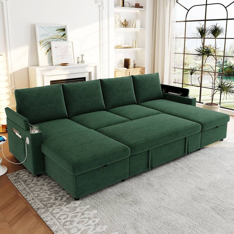 Roomfitters Convertible Sofa Bed 109.5" U-Shaped Sectional Upholstered Sofa with Storage Chaise, Cup Holders and USB Ports - Green