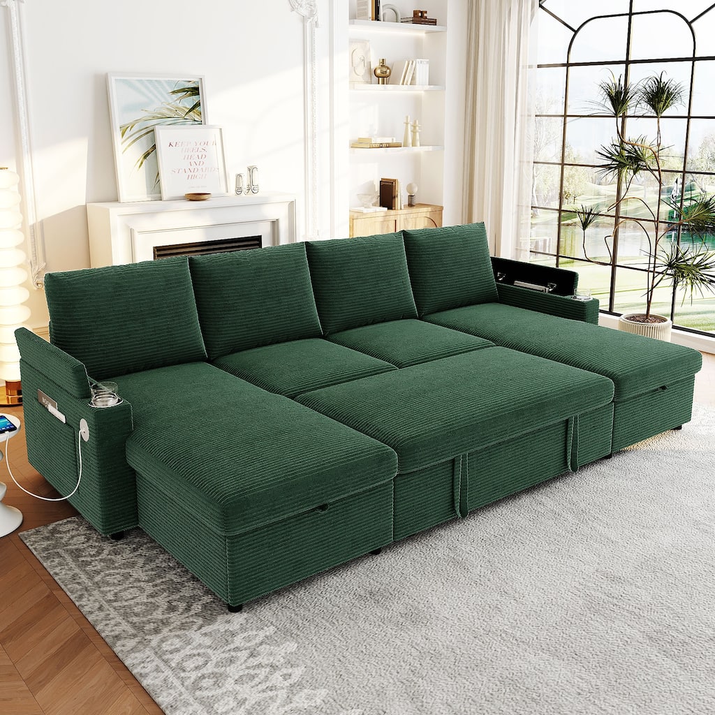U-Shaped Sectional Sofa Convertible Sleeper Sofa with Dual Storage Chaise Lounges, Cup Holders, USB, Storage Boxes and Pockets